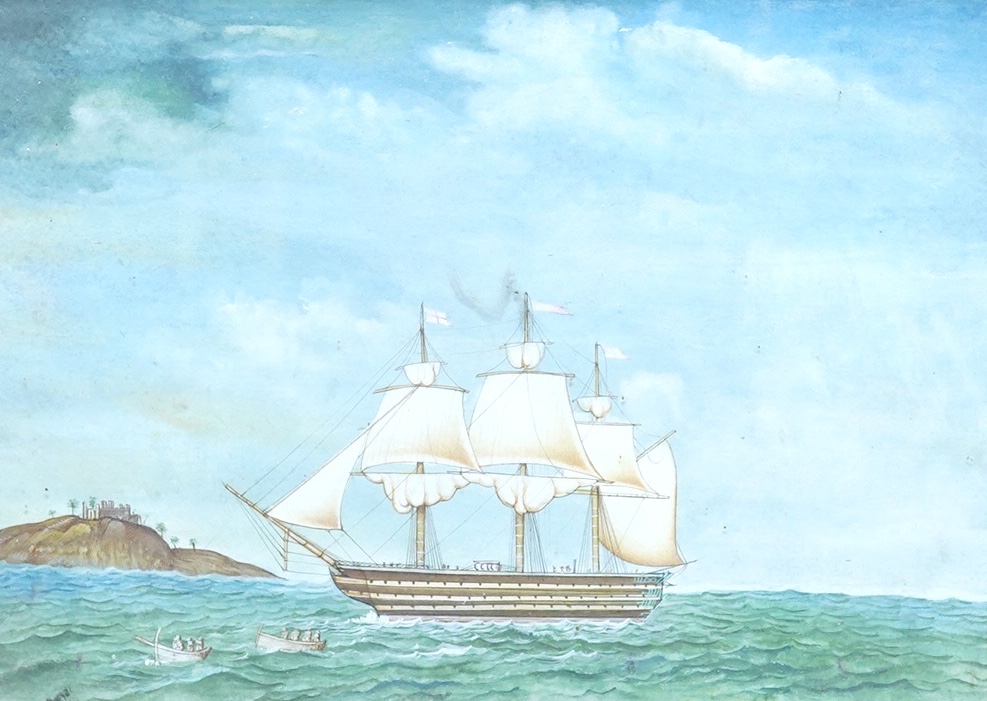 Late 19th / early 20th century School, English frigate in full sail off the coast, watercolour, heightened with white, housed in a painted frame, 15 x 20cm